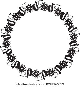 Black and white round frame with floral silhouettes. Copy space. Vector clip art.