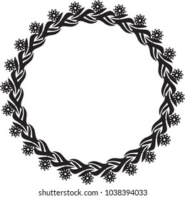 Black and white round frame with floral silhouettes. Copy space. Vector clip art.