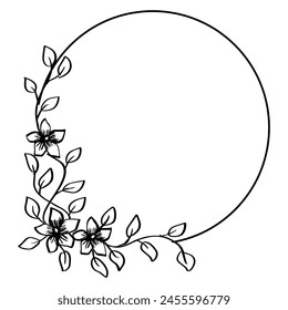 Black and white round frame with floral decoration. 