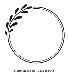Black and white round frame with floral ornament. Copy space. Vector clip art.	