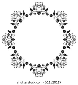 Black and white round frame with floral silhouettes. Copy space. Vector clip art.