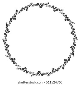 Black and white round frame with floral silhouettes. Copy space. Vector clip art.