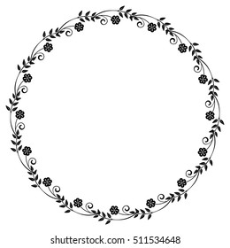 Black and white round frame with floral silhouettes. Copy space. Vector clip art.