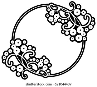 Black and white round frame with floral silhouettes. Copy space. Vector clip art.