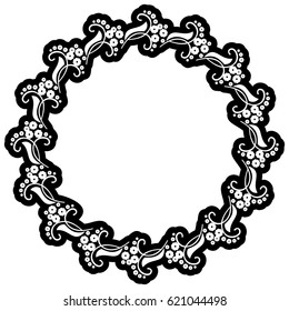 Black and white round frame with floral silhouettes. Copy space. Vector clip art.