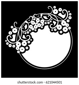 Black and white round frame with floral silhouettes. Copy space. Vector clip art.