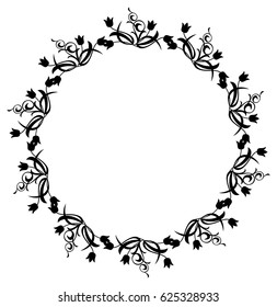 Black and white round frame with floral silhouettes. Copy space. Vector clip art.