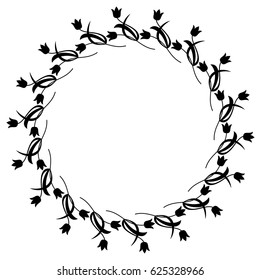 Black and white round frame with floral silhouettes. Copy space. Vector clip art.