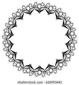 Black and white round frame with floral silhouettes. Copy space. Vector clip art.