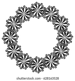 Black and white round frame with floral silhouettes. Copy space. Vector clip art.