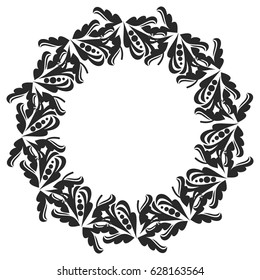 Black and white round frame with floral silhouettes. Copy space. Vector clip art.