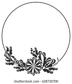 Black and white round frame with floral silhouettes. Copy space. Vector clip art.