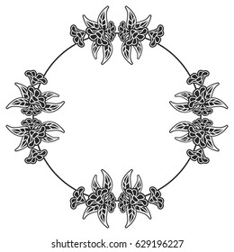 Black and white round frame with floral silhouettes. Copy space. Vector clip art.