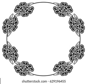 Black and white round frame with floral silhouettes. Copy space. Vector clip art.
