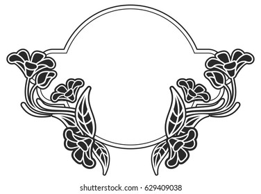 Black and white round frame with floral silhouettes. Copy space. Vector clip art.