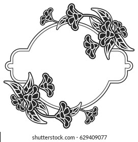 Black and white round frame with floral silhouettes. Copy space. Vector clip art.