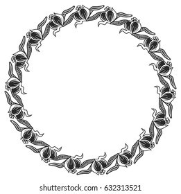 Black and white round frame with floral silhouettes. Copy space. Vector clip art.