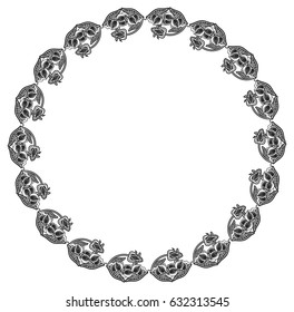 Black and white round frame with floral silhouettes. Copy space. Vector clip art.