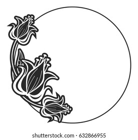 Black and white round frame with floral silhouettes. Copy space. Vector clip art.