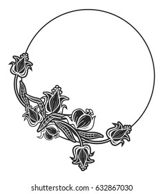 Black and white round frame with floral silhouettes. Copy space. Vector clip art.