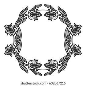 Black and white round frame with floral silhouettes. Copy space. Vector clip art.