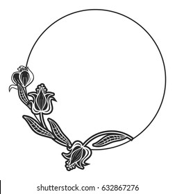 Black and white round frame with floral silhouettes. Copy space. Vector clip art.