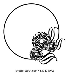 Black and white round frame with floral silhouettes. Copy space. Vector clip art.