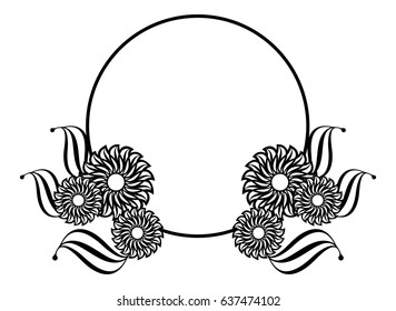 Black and white round frame with floral silhouettes. Copy space. Vector clip art.
