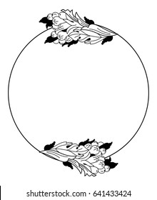 Black and white round frame with floral silhouettes. Copy space. Vector clip art.