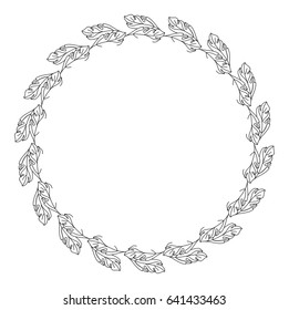 Black and white round frame with floral silhouettes. Copy space. Vector clip art.