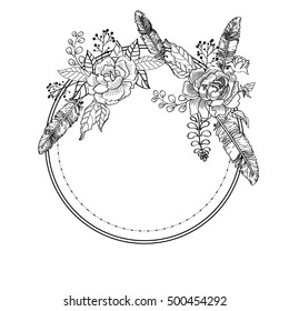 Black and white round frame with flowers and feathers. Bohemian vintage style. Adult coloring book. Vector illustration.