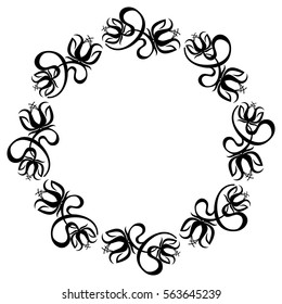 Black and white round frame with flowers silhouettes. Vector clip art.