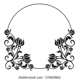 Black and white round frame with flowers silhouettes. Copy space. vector clip art.