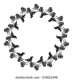 Black and white round frame with flowers silhouettes. Copy space. vector clip art.