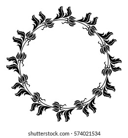 Black and white round frame with flowers silhouettes. Copy space. vector clip art.