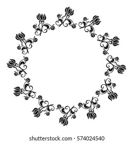 Black and white round frame with flowers silhouettes. Copy space. vector clip art.