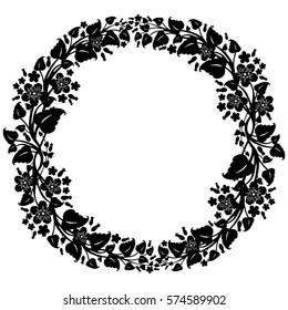 Black and white round frame with flowers silhouettes, vector-3
