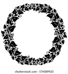 Black and white round frame with flowers silhouettes, vector-5