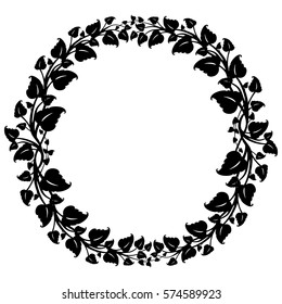 Black and white round frame with flowers silhouettes, vector-2