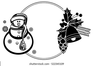 Black and white round frame with funny snowman, holly berries and pine cones silhouettes. Copy space. Vector clip art.