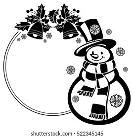 Black and white round frame with funny snowman, holly berries and pine cones silhouettes. Copy space. Vector clip art.