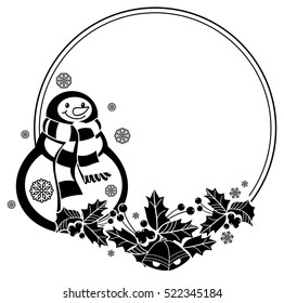 Black and white round frame with funny snowman, holly berries and pine cones silhouettes. Copy space. Vector clip art.