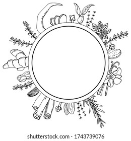 Schwarz-weiß runder Rahmen mit Kräutern und Gewürzen. Line Art. Festivals Blumenkreis für Ihr Design.