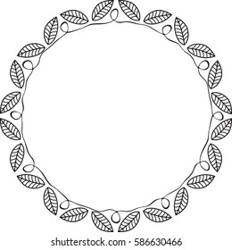 Black and white round frame with leaves and curve. Vector illustration.