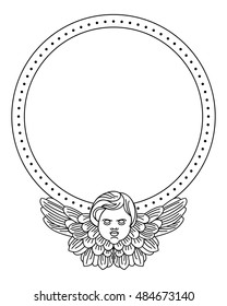 Black and white round  frame with outline cherub in vintage style. Vector custom element for design artworks.