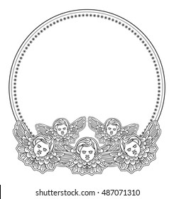 Black and white round  frame with outline cherub in vintage style. Vector custom element for design artworks.