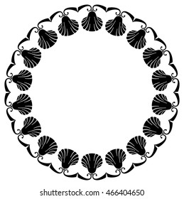 Black and white round frame with shells. Vector clip art.