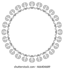 Black and white round frame with shells. Vector clip art.
