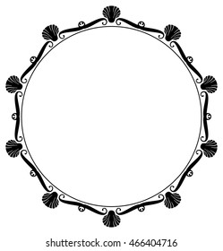 Black and white round frame with shells. Vector clip art.