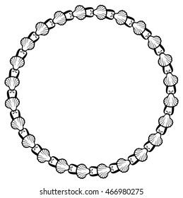 Black and white round frame with shells. Vector clip art.